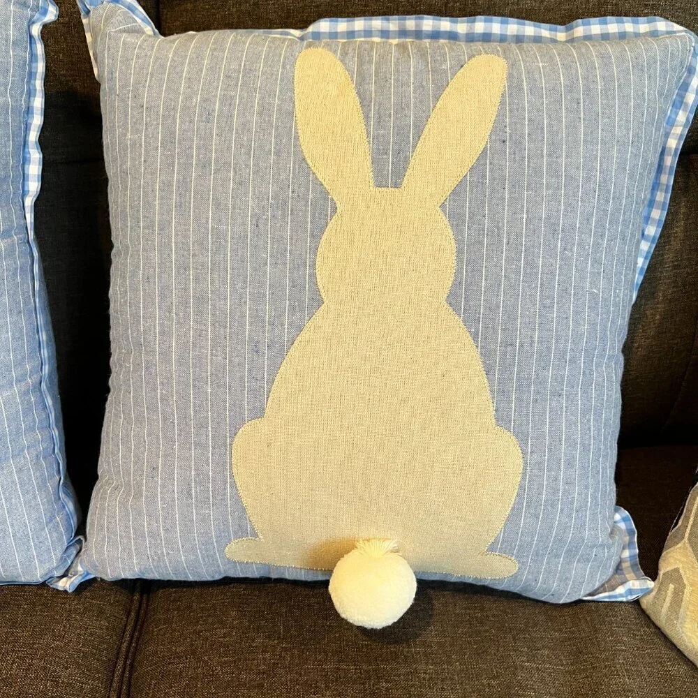 Set of Two 15” Square Bunny Rabbit Pillows Blue Gingham Print With Tails Country
